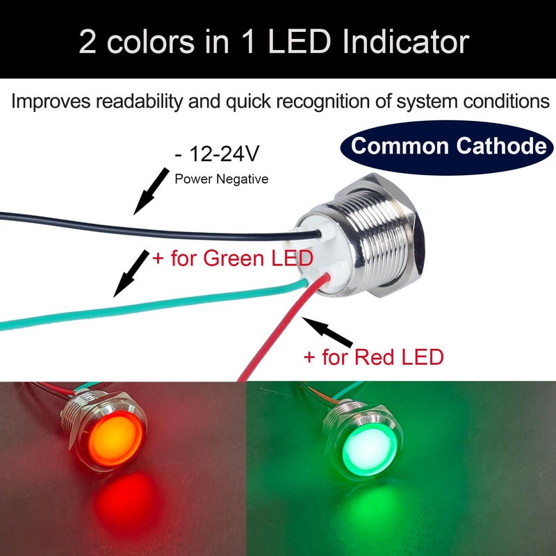DMWD 16mm 12V-24V Two Colors Metal LED Indicator Light, Waterproof Common Cathode Dual Color Led Signal Lamp, Red and Green LED in 1 with Wires to Indicate The Power Supply Status 2Pcs - Image 2